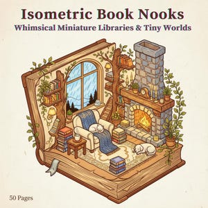 Op de afbeelding: Illustratie van "Isometric Book Nooks". Een grillige miniatuur bibliotheekscène wordt getoond in een groot open boek. De scène bevat een gezellige fauteuil, een open haard, een raam en een slapende kat. De titel van het boek staat bovenaan, het aantal pagina's onderaan.