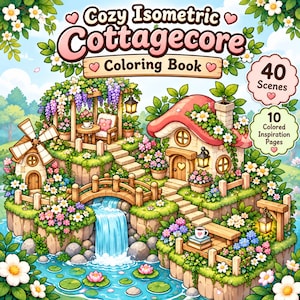 Op de afbeelding: Een kleurboek getiteld Cozy Isometric Cottagecore Coloring Book met 40 scènes en 10 gekleurde inspiratiepagina's. De omslagillustratie toont een isometrisch landschap met een paddenstoelvormig huis, een windmolen, een waterval en bloemen.