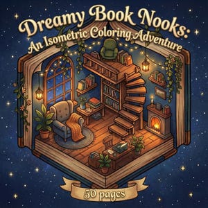 Könnte beinhalten: Buchcover-Illustration mit dem Titel "Dreamy Book Nooks: An Isometric Coloring Adventure". Das Bild zeigt einen detaillierten isometrischen Raum in einem offenen Buch, mit einer Wendeltreppe, einem Kamin und einem Sessel. Das Cover enthält auch "50 Seiten."