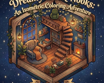 May include: A book cover illustration titled "Dreamy Book Nooks: An Isometric Coloring Adventure." The image depicts a cozy, detailed isometric room inside an open book, featuring a spiral staircase, fireplace, and armchair. The cover also states "50 pages."
