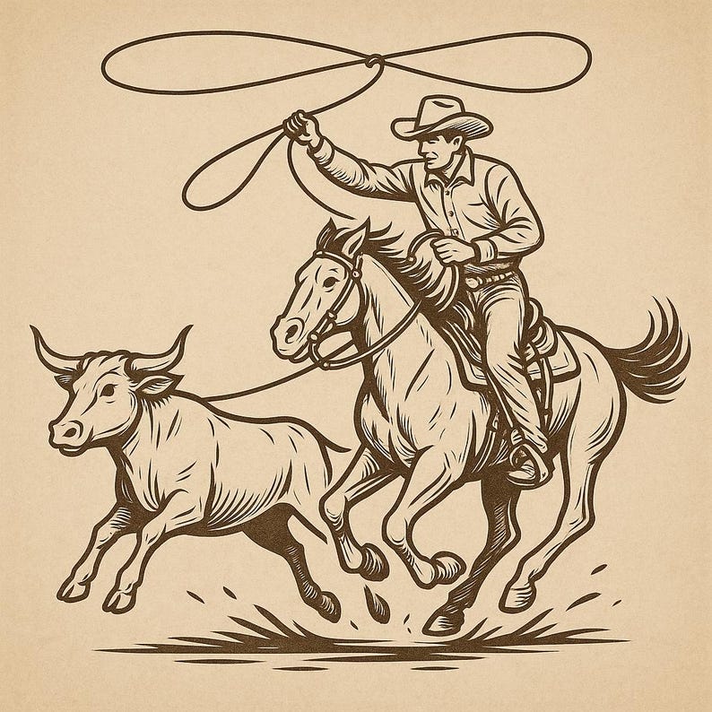 Cowboy Roping Steer Line Art | Western Rodeo SVG | Cowboy Ranch ...