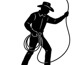Cowboy Roping Silhouette PNG | Western Cowboy Clipart | Lasso Rodeo Line Art | Country Ranch PNG for Cricut & Sublimation
