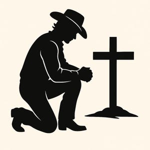 May include: Silhouette of a person kneeling in prayer next to a cross. The person is wearing a cowboy hat and is facing the cross. The image is in black and white.