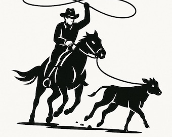 Cowboy Roping Silhouette | Western Rodeo Roper PNG | Lasso Cowboy Line Art Clipart | Ranch SVG