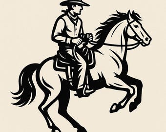 Arte lineal de vaquero montando a caballo / Vaquero occidental PNG / Silueta de rancho campestre Clipart / Diseño de caballo de rodeo