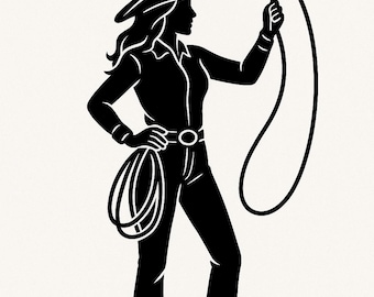 Cowgirl Lasso Silhouette PNG | Western Cowgirl Line Art | Rodeo SVG Clipart