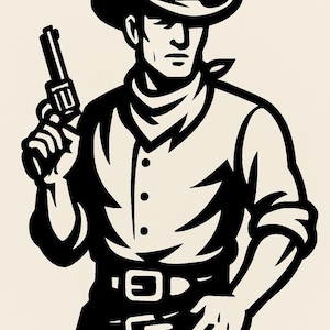 Op de afbeelding: Zwart-wit illustratie van een cowboy met een pistool. De cowboy draagt een hoed, een halsdoek, een overhemd met knopen en een riem met een grote gesp. De afbeelding heeft een vintage, Western thema.