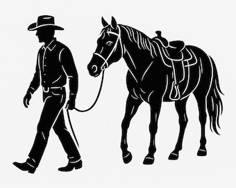 Silueta de vaquero guiando a su caballo PNG / Clipart de rancho occidental / SVG de vaquero campestre / PNG de caballo de granja para Cricut y sublimación
