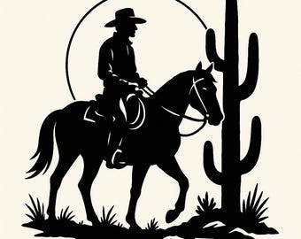 Vaquero cabalgando junto a una silueta de cactus / Arte lineal del oeste Descarga digital