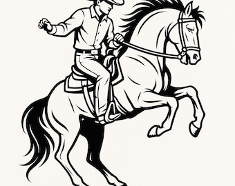 Arte lineal de vaquero sobre caballo encabritado / Vaquero occidental PNG / Silueta de rodeo Clipart / Diseño de rancho campestre