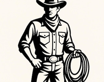 Cowboy Roping Silhouette Line Art | Western Lasso SVG PNG | Ranch Rodeo Clipart