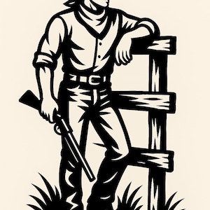 Puede incluir: Ilustración en blanco y negro de un vaquero apoyado en una valla de madera, sosteniendo un rifle. El vaquero lleva sombrero, pañuelo, camisa y vaqueros. La imagen tiene un aspecto vintage y rústico, con hierba en la parte inferior.