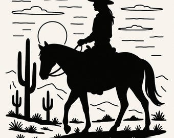 Cowgirl Riding Horse Silhouette | Western Line Art SVG | Cowgirl PNG Cricut Cut File | Country Rodeo Wall Art | Western Digital Download