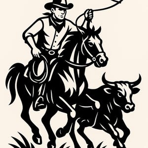 May include: Black and white illustration of a cowboy riding a horse and roping a bull. The cowboy wears a hat and is holding a lasso. The bull is running. The image has a vintage, western theme.
