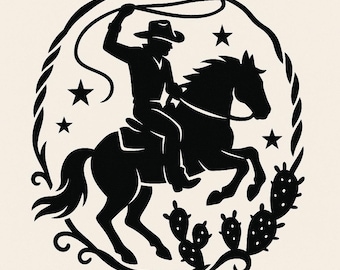 Cowboy Roping Badge SVG, Western Rodeo Silhouette PNG, Cowboy Lasso Clipart, Country Western Wall Art, Ranch Cowboy Cricut Design