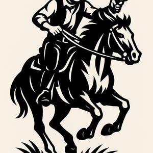 Könnte beinhalten: Schwarz-Weiß-Illustration eines Cowboys auf einem Pferd, der eine Pistole abfeuert. Der Cowboy trägt einen Hut und eine Weste. Das Pferd ist in Bewegung. Das Bild hat ein klassisches Western-Thema.