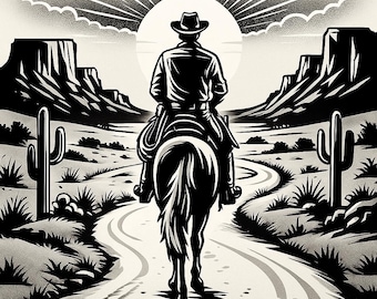 Silueta de vaquero cabalgando al atardecer / SVG y PNG del desierto occidental / Imagen prediseñada de vaquero a caballo / Vector de paisaje campestre / Descarga digital