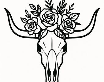 Longhorn Skull With Roses | Western Line Art PNG | Boho Bull Skull Silhouette | Cowgirl Country Clipart