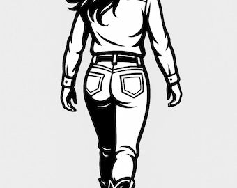 Cowgirl se afastando em SVG | Silhueta de cowgirl do oeste em PNG | Arquivo de corte para Cricut com botas de country | Clipart de cowgirl de rodeio para download digital