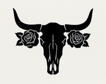 Bull Skull With Roses Silhouette | Western Longhorn SVG PNG | Cow Skull Clipart | Boho Western Line Art
