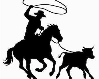 Cowboy Roping Calf Silhouette | Western Rodeo Line Art PNG | Cowboy Lasso SVG | Ranch Cowboy Clipart | Western Cricut Cut File