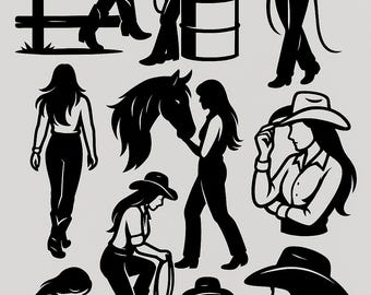 Chapéu e penteado de vaqueira em SVG | Silhueta de vaqueira do oeste em PNG | Clipart de garota do campo para Cricut | Arquivo de corte digital para vaqueira de rodeio