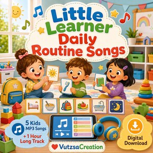 Op de afbeelding: Een digitale downloadhoes voor Little Learner Daily Routine Songs met drie kinderen die kaarten vasthouden met een zon, tandenborstel en boek. Inclusief een tablet met muziekspeler, blauwe koptelefoon en iconen voor dagelijkse activiteiten.
