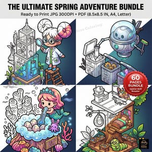 May include: The Ultimate Spring Adventure Bundle, a ready-to-print digital download. The image features four colorful illustrations with a scientist, a robot, a mermaid, and a treehouse. Includes 60 pages to boost spatial skills.