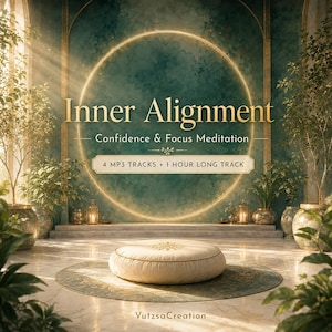 May include: A digital meditation guide titled Inner Alignment Confidence & Focus Meditation featuring 4 MP3 tracks and 1 hour long track. The image displays a cream-colored floor cushion centered in a room with a glowing circular light.