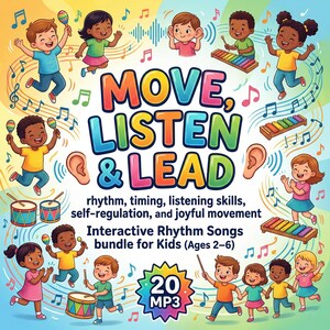 May include: Colorful illustration featuring children playing musical instruments and dancing. The text reads "MOVE, LISTEN & LEAD" with additional text about rhythm and interactive songs for kids aged 2-6. Includes a "20 MP3" badge.