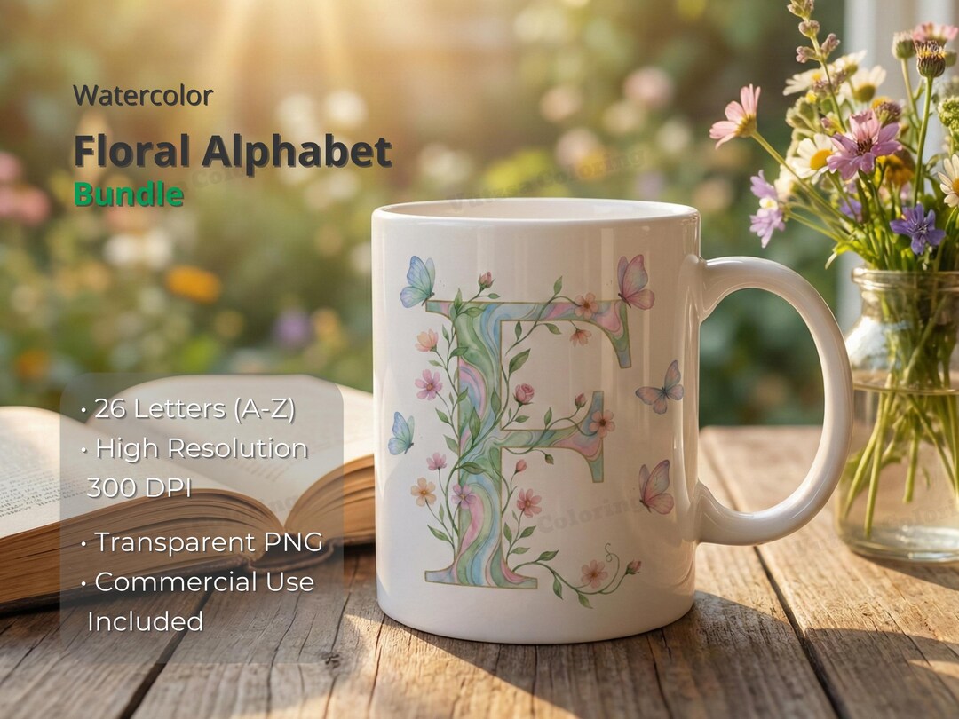 Watercolor Floral Alphabet PNG Bundle, Spring Butterfly Letters ...