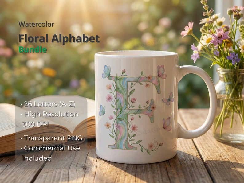 Watercolor Floral Alphabet PNG Bundle, Spring Butterfly Letters ...