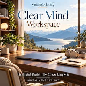 May include: A digital product titled VutzaColoring Clear Mind Workspace featuring a closed silver laptop, beige headphones, a notebook with a pen, and a potted plant on a wooden desk overlooking a mountain lake view with 4 tracks and a 60 minute mix.