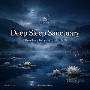 以下が含まれることがあります： Deep Sleep Sanctuaryと題されたデジタルオーディオ製品。963 and 417 Hz、1 Hour Long Track + 4 Original MP3、MP3 Downloadの文字。月明かりに照らされた山々の風景と、暗い青色の湖に浮かぶ白い蓮の花が描かれています。