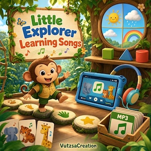 May include: A digital learning set featuring a cartoon monkey, a blue tablet displaying animal icons and music controls, blue headphones, and a wooden crate containing MP3 cards. A sign reads Little Explorer Learning Songs.