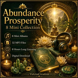 May include: A digital collection titled Abundance Prosperity 8 Mini Collection featuring 8 mini albums, 32 MP3 files, and 8 hours of audio. The image displays a green journal, headphones, green crystals, lotus flowers, and candles.