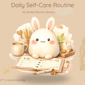 May include: Watercolor illustration of a self-care scene with a cute bunny, coffee, and a planner. The image includes the text "Daily Self-Care Routine" and "42 Gentle Planner Stickers". A pen rests on the open planner.