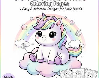 Puede incluir: Una descarga digital de "CUTE UNICORNS Coloring Pages". La imagen muestra un unicornio de dibujos animados con cuerno y melena de arcoíris, sentado en una nube. El diseño incluye un arcoíris, estrellas, cupcakes y el texto "4 Easy & Adorable Designs for Little Hands". Incluye 4 páginas.