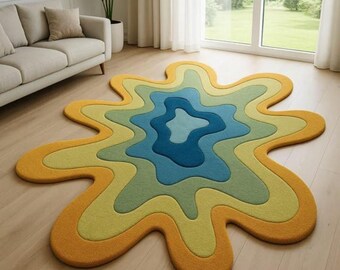 Hand Tufted Irregular Area Modern Abstract Wavy Rug Multicolor Wool Living Room Bedroom Decor