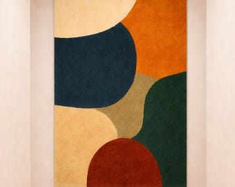 Alfombra abstracta de lana hecha a mano, moderna y geométrica, colorida y contemporánea para sala de estar.