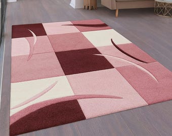 Modern Pink Burgundy Geometric Rug Soft Area Carpet Living Room Plush Checkered Pattern Rug
