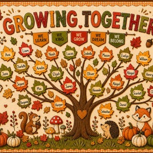 May include: A decorative wall art print titled GROWING TOGETHER featuring a large tree with autumn-colored leaves, each labeled with a name. The design includes illustrations of a squirrel, hedgehog, fox, pumpkins, and mushrooms on a cream background.