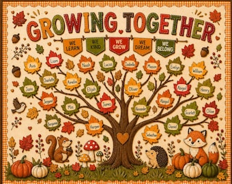 Fall Bulletin Board, Growing Together Tree Classroom Decor, Autumn Woodland Name Leaves Printable, Kindergarten Preschool Back To School PDF