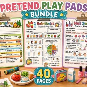 May include: A Pretend Play Pads Bundle featuring three clipboards titled Camping, Nutritionist, and Nail Salon. The set includes 40 pages of activity sheets with colorful illustrations, checkboxes, and text, accompanied by small toy accessories.