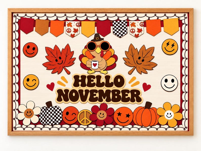 November Lettering Template Hello November Bulletin Board Kit, Groovy Smiley Turkey Thanksgiving ...