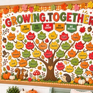 Fall Bulletin Board, Growing Together Tree Classroom Decor, Autumn Woodland Name Leaves Printable, Kindergarten Preschool Back To School PDF