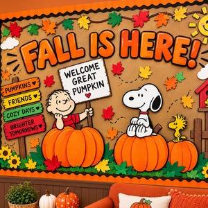 Op de afbeelding: Een prikbord met de tekst FALL IS HERE!, Charlie Brown houdt een bord vast met WELCOME GREAT PUMPKIN, Snoopy en Woodstock zitten op pompoenen, met kleurrijke herfstbladeren, zonnebloemen en een rood vogelhuisje.