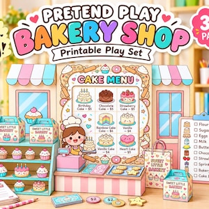May include: A printable pretend play bakery shop set featuring a cake menu, a bakery counter with shelves of cupcakes, a shopping bag, a clipboard with an ingredient checklist, and small boxes labeled Sweet Little Bakery with colorful illustrations.