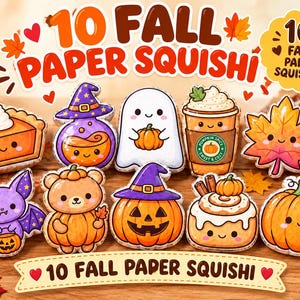 Puede incluir: Una colección de 10 squishies de papel con temática otoñal que incluye una porción de tarta de calabaza, una poción de bruja, un fantasma, un café con especias de calabaza, una hoja de arce, un murciélago, un oso, una calabaza y un rollo.