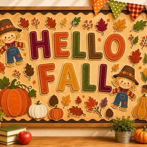 May include: A rectangular notice board displaying the text HELLO FALL in colourful letters, surrounded by cutouts of scarecrows, pumpkins, and autumn leaves. A string of triangular bunting hangs across the top edge of the wooden frame.